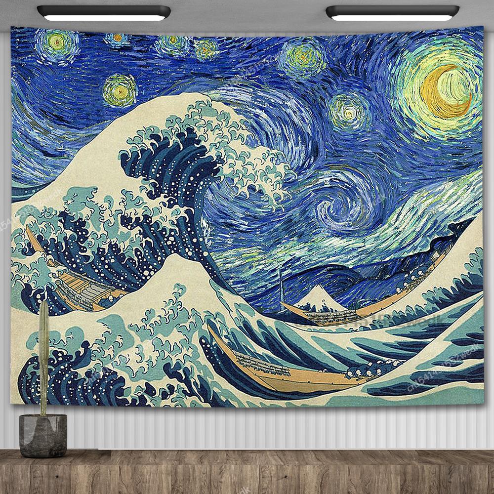 

Кацусика Хокусай Звездная ночь Картины Ван Гога Настенный гобелен Канагава Большая волна Гобелены Декор комнаты Эстетические постеры для общежития 29x37in 74x94cm