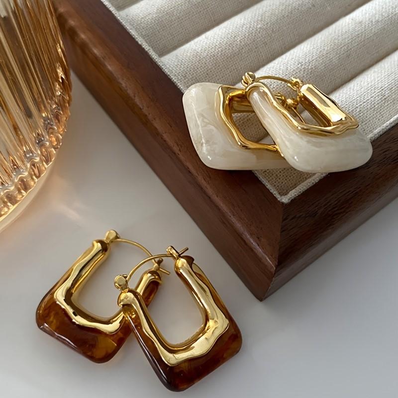 Vintage U-Shaped Hoop Earrings for Women Golden-Tone Finish & Resin Inlay Stylish Earring Party Jewelry Gifts