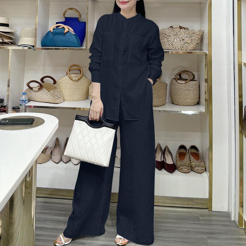 

ZANZEA Женская блузка с длинным рукавом и брюки повседневный комплект из двух частей 5XL тёмно-синий