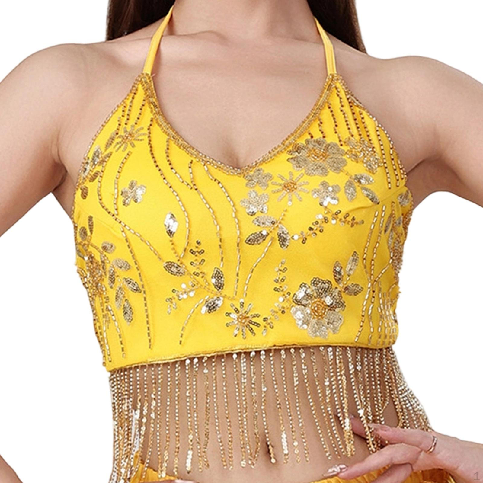 Adjustable Padded Sequin Fringe Crop Top Camisole Polyester Backless Suitable for Dance Shows жёлтый