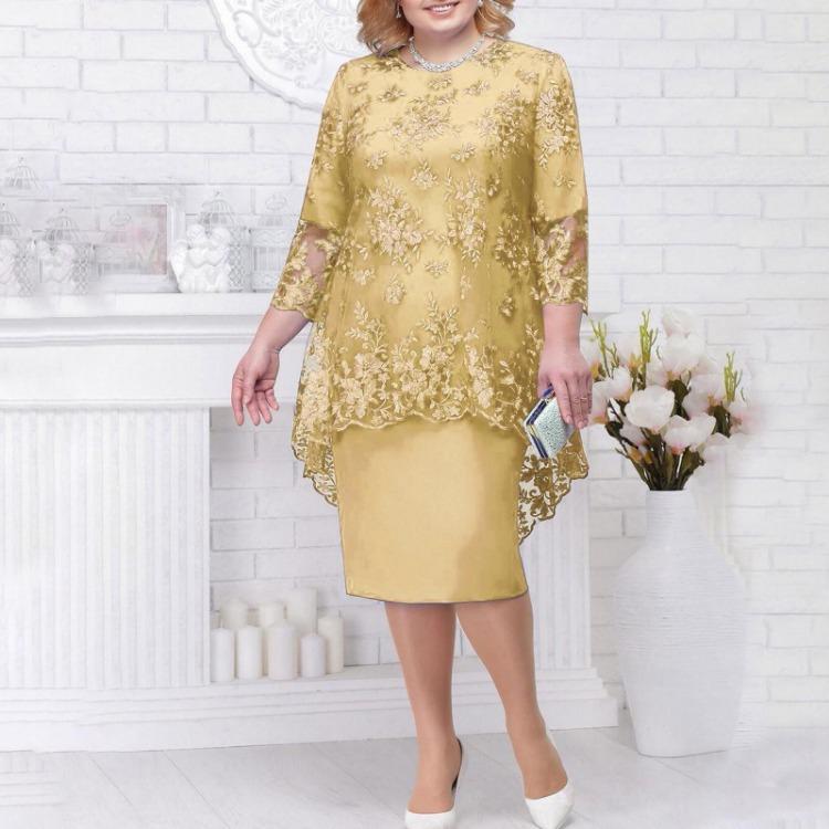 Mode Damen Lässig Zweiteiliges Set Kleid Spitze Stickerei Mittellang Qunide