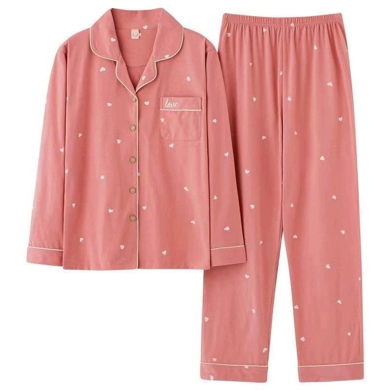 Pigiama in Cotone da Donna Primavera e Autunno Manica Lunga Indumento Esterno Servizio Casalingo Coreano Completo Camicia e Pantaloni a Manica Lunga