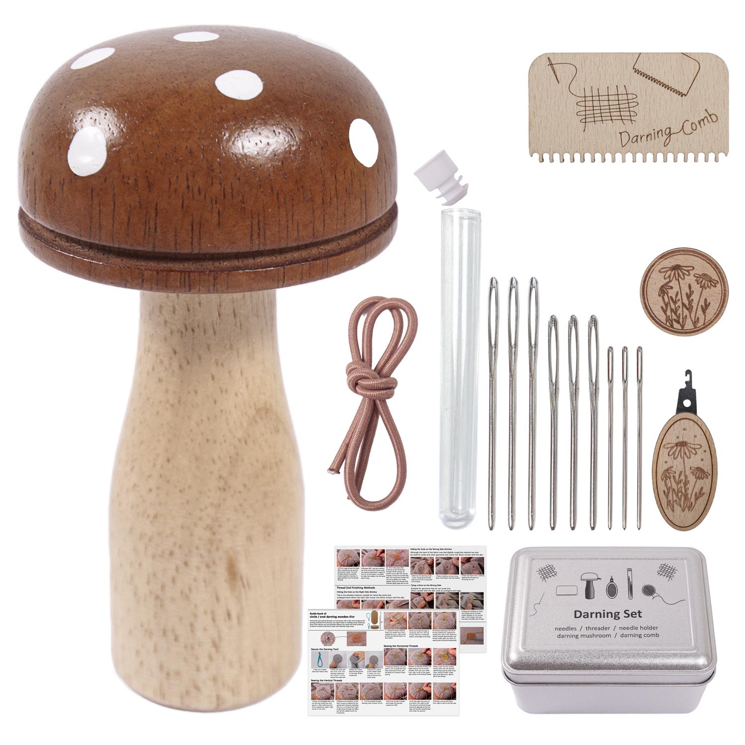 

Polka Dot Darning Mushroom Knitting Tool Kit - Complete Mending Set with Wooden Accessories for Sock & Sweater Repair шоколадний
