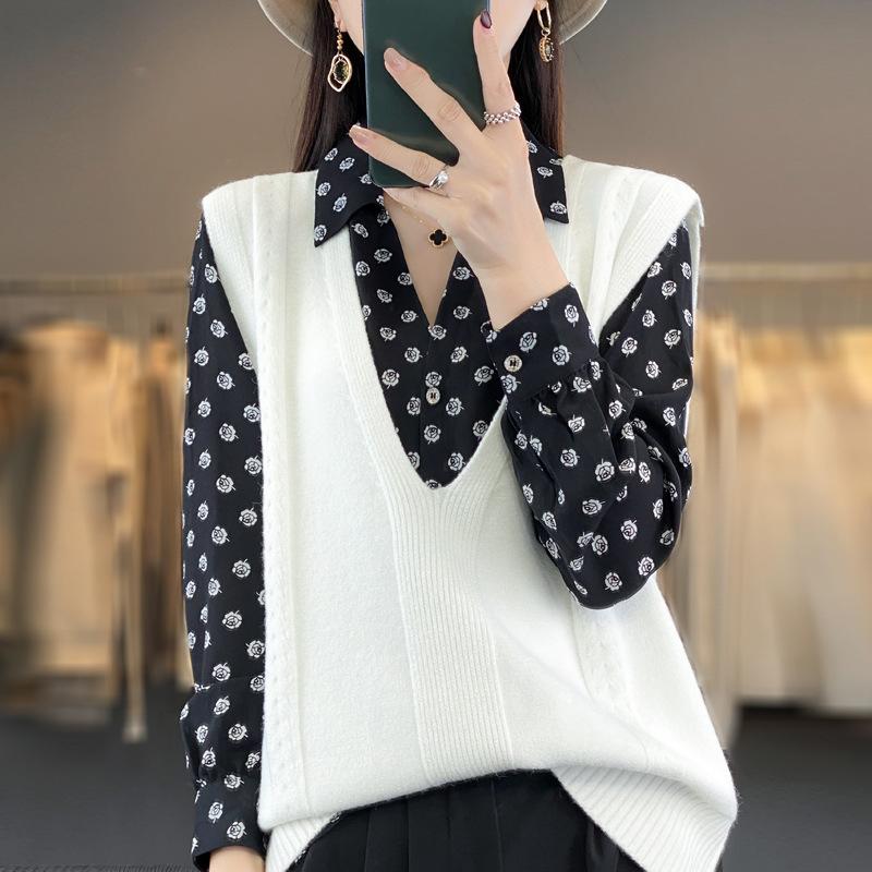 

Осенний женский трикотажный жилет с глубоким V-образным вырезом на плечах, свободный жаккардовый свитер XXL белый