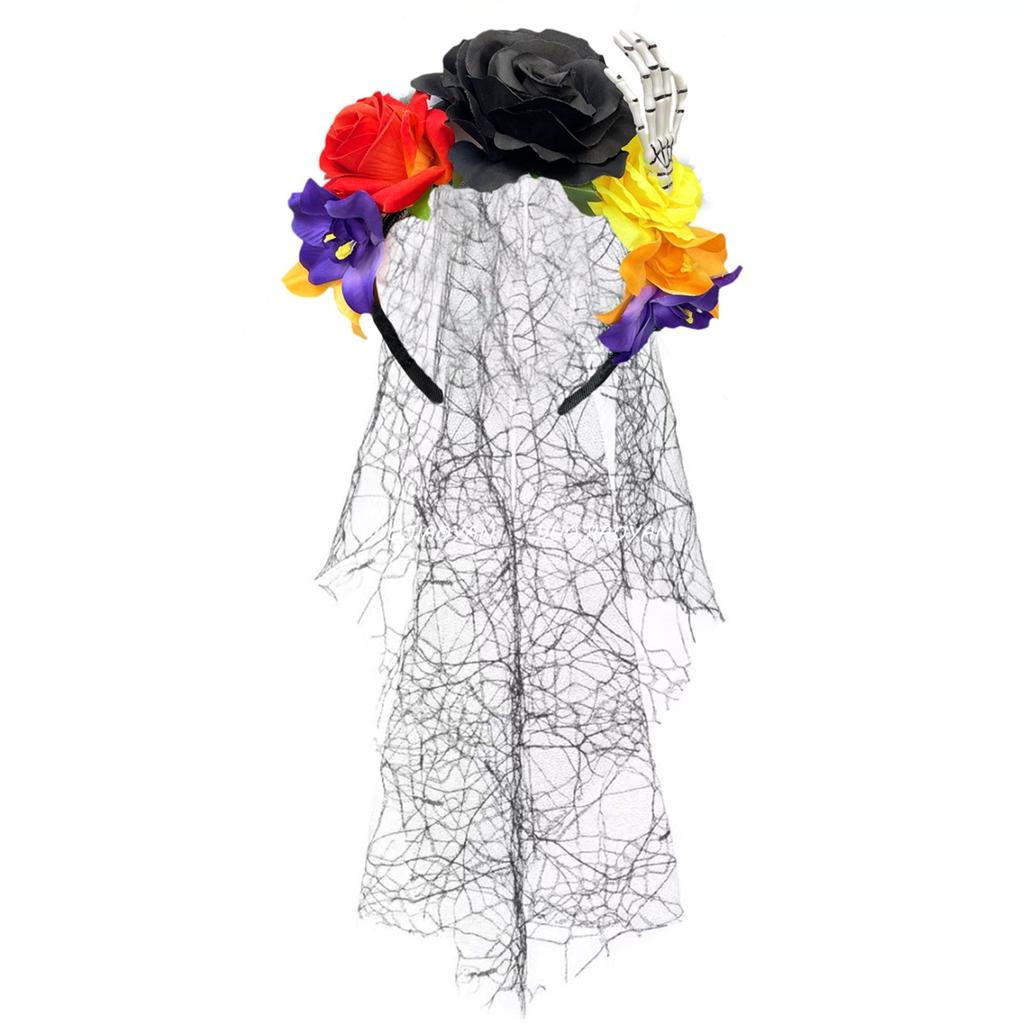 Skull Skeleton Hand Veil Headpiece with Dark Series Flower For Halloween Costume And Themed Photoshoots Wear