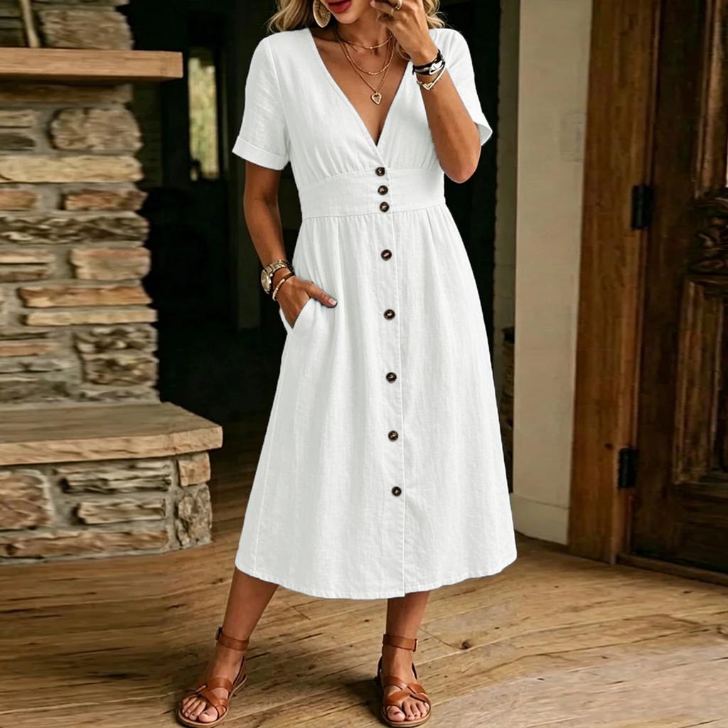 Women Short Sleeve V Neck Button Down Midi Dress with Pockets Casual Loose Fit Summer Linen Dress for Daily Wear
