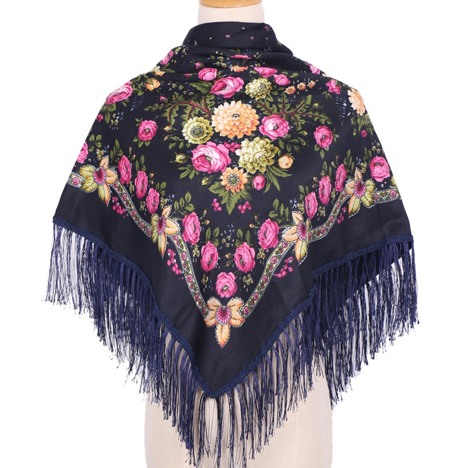 

Ethnic Turban Head Wrap Scarf Women Vintage Travel Printed Tassel Shawl Outwear Printed Square Scarf One Size тёмно-синий