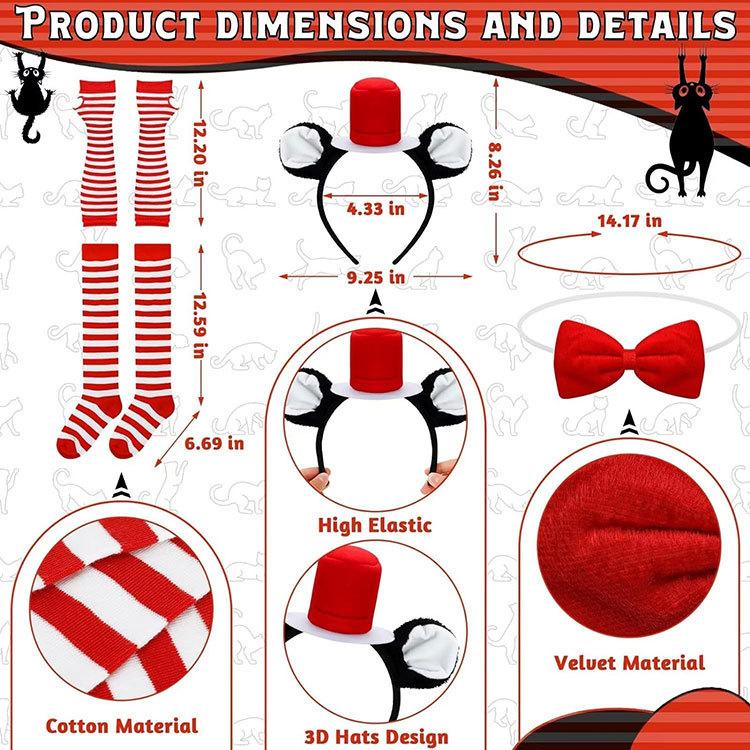Cat Costume with Hat Set for Adults Accessories for Reading Across America Day Cosplay Party Red