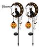 Fall Party Outdoor Lighting Halloween Solar Garden Stake Light, Metal Black Cat & Pumpkin Moon Waterproof Wireless Powered Yard Lights Decorations for