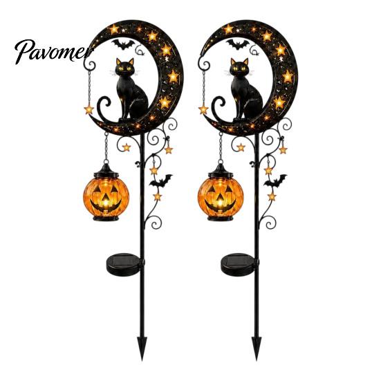 Fall Party Outdoor Lighting Halloween Solar Garden Stake Light, Metal Black Cat & Pumpkin Moon Waterproof Wireless Powered Yard Lights Decorations for