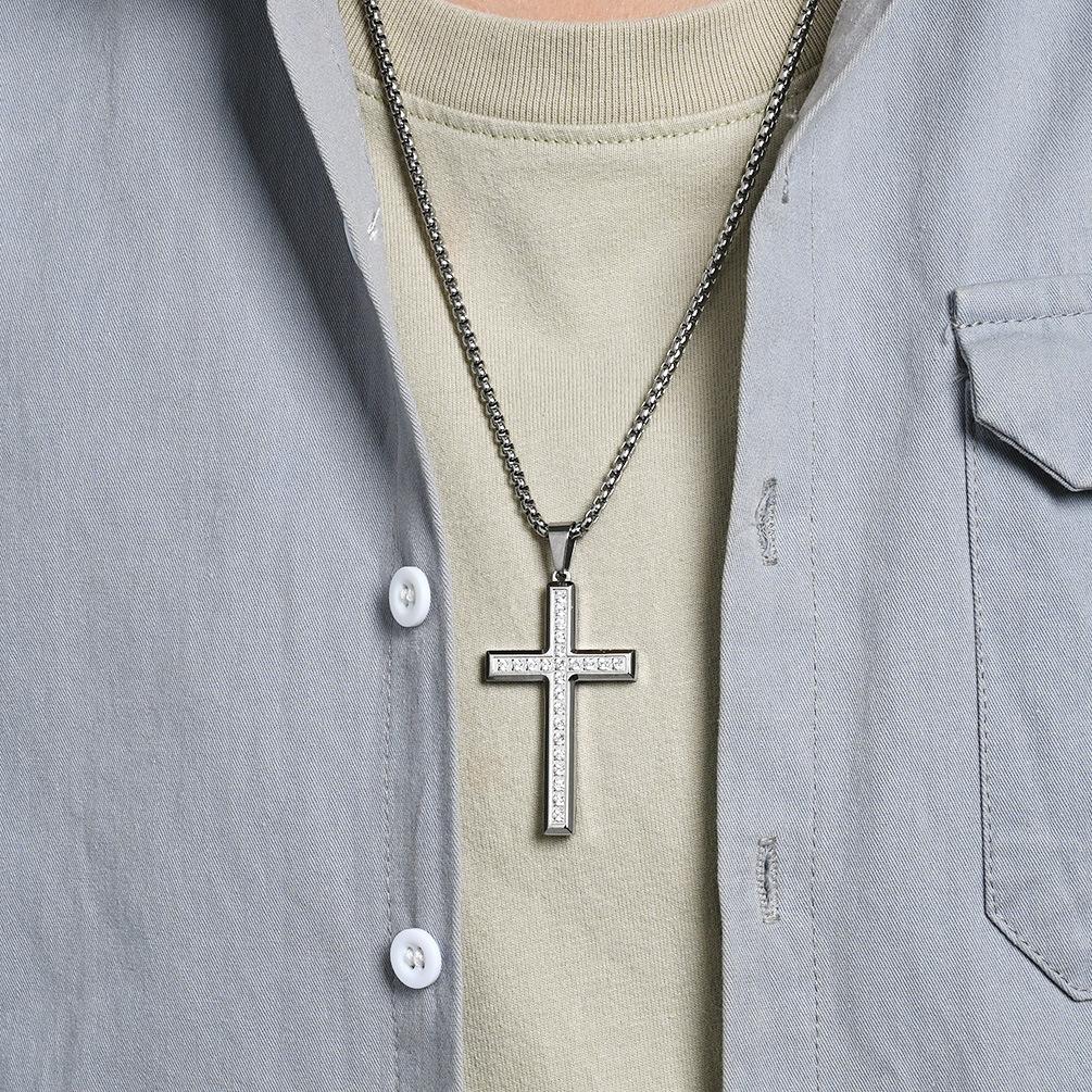Fashion Trend Jewelry Titanium Steel Inlaid Diamond Cross Necklace Men's and Women's Simple High-end Cross Pendant