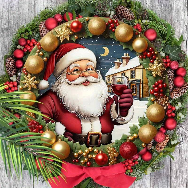 Wooden Christmas Sign with Kindly Santa Claus Pattern - Navidad Round Sign for Front Door Wall Hanging Decor - Ideal Christmas Decoration