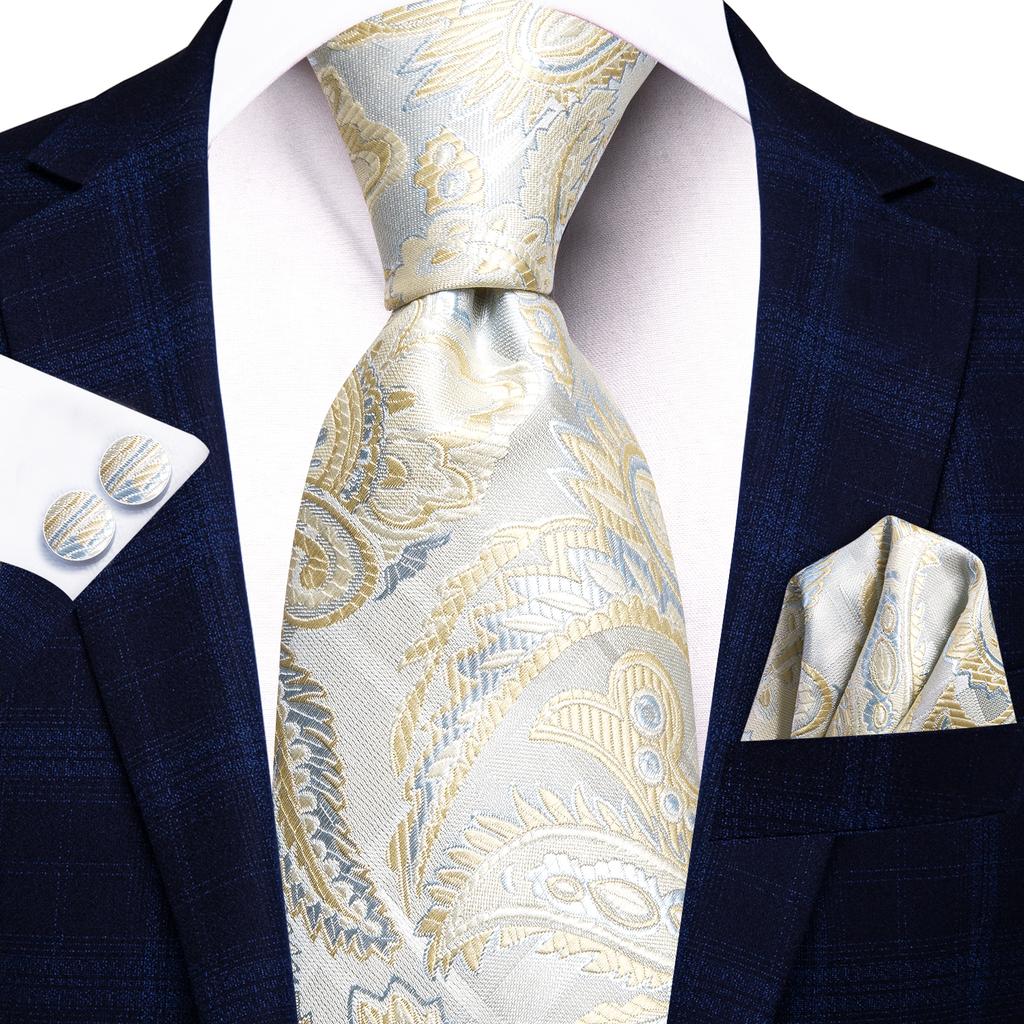 Hi-Tie Floreale Champagne Avorio Cravatta Elegante da Uomo Fazzoletto Gemelli per Smoking Moda Classica Seta Lusso Cravatta per Uomo