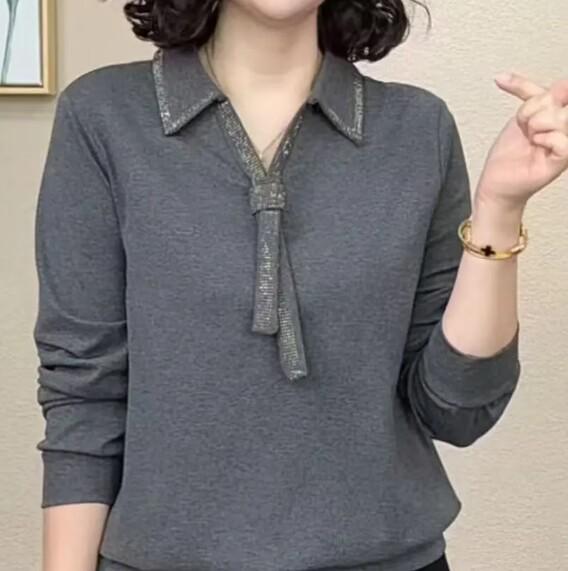 

2025 Fashion Pure Cotton V-Neck Rhinestone Slim-Fit Long Sleeve Women s Top, Age-Defying & Trendy for Spring/Autumn 2XL (Recommended 120-130 lbs) сірий колір