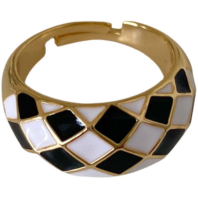 Korean Style Black & White Grid Adjustable Open Ring - Women's Retro Fashion Index Ring