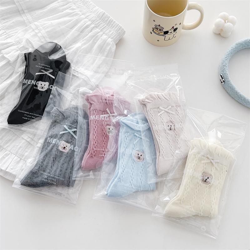 Female Summer Thin Bow Wood Ear Lace Cartoon Bear Embroidered Medium Tube Pile Socks