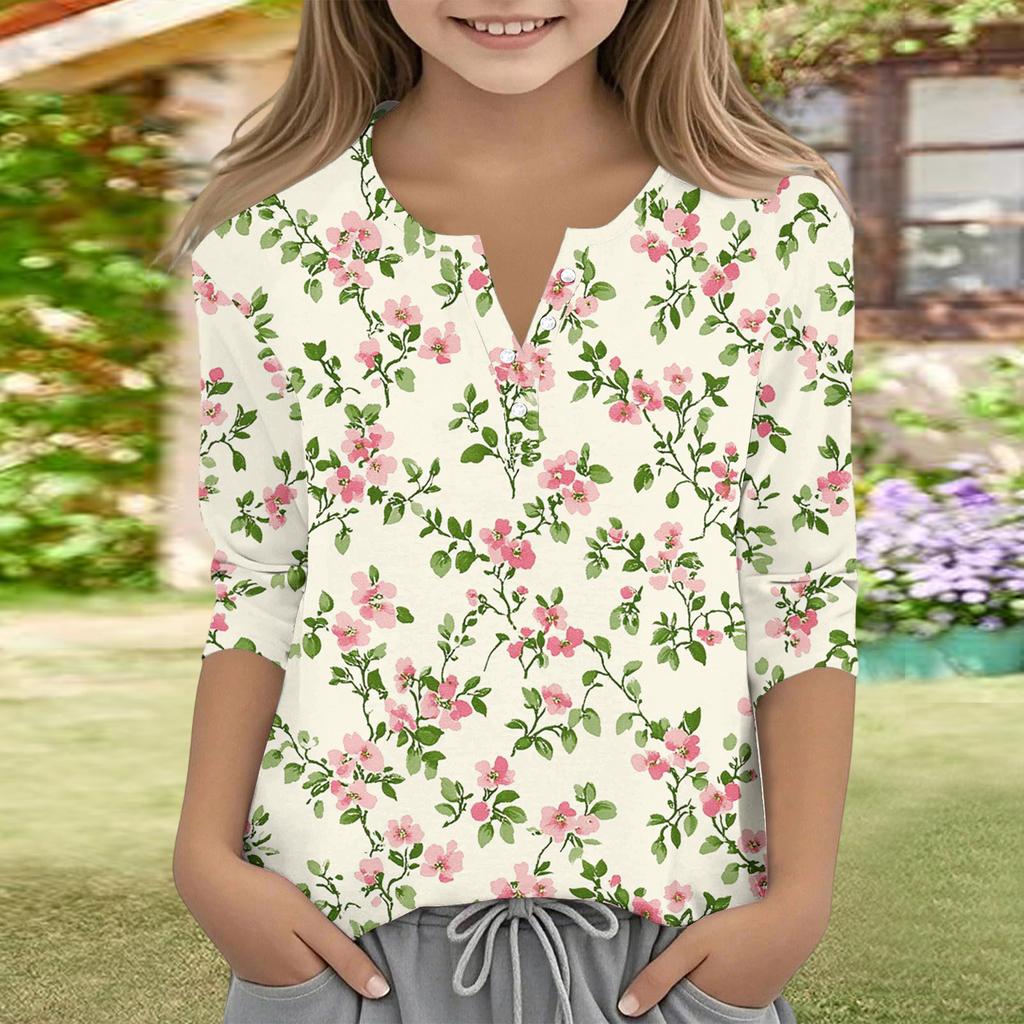 Print Tops For Youth Girls V Neck Button 3/4 Sleeves T-Shirts Trendy Tops Outfit Tees