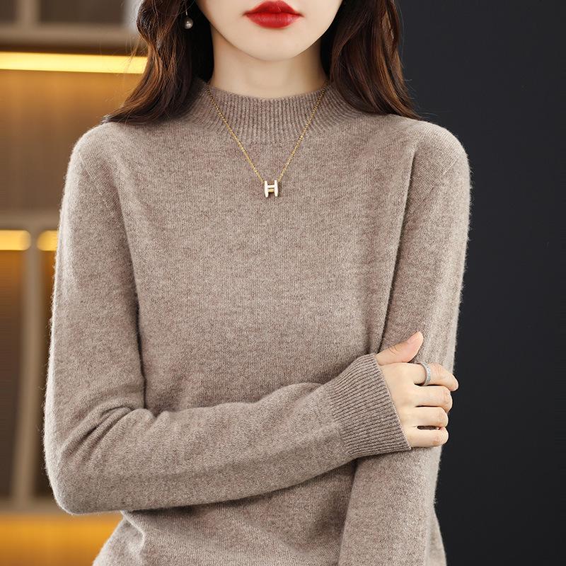 Women's Slim-Fit High Neck Wool Sweater - Autumn/Winter 2023 Collection, Solid Color, Base Layer
