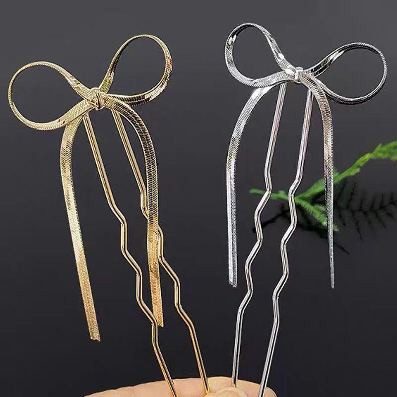 Korean Hair Accessories Metal Bow U Shape Hair Pins For Women Girls Silver Gold Color Hairwear Simple Fashion Hair Sticks Gifts
