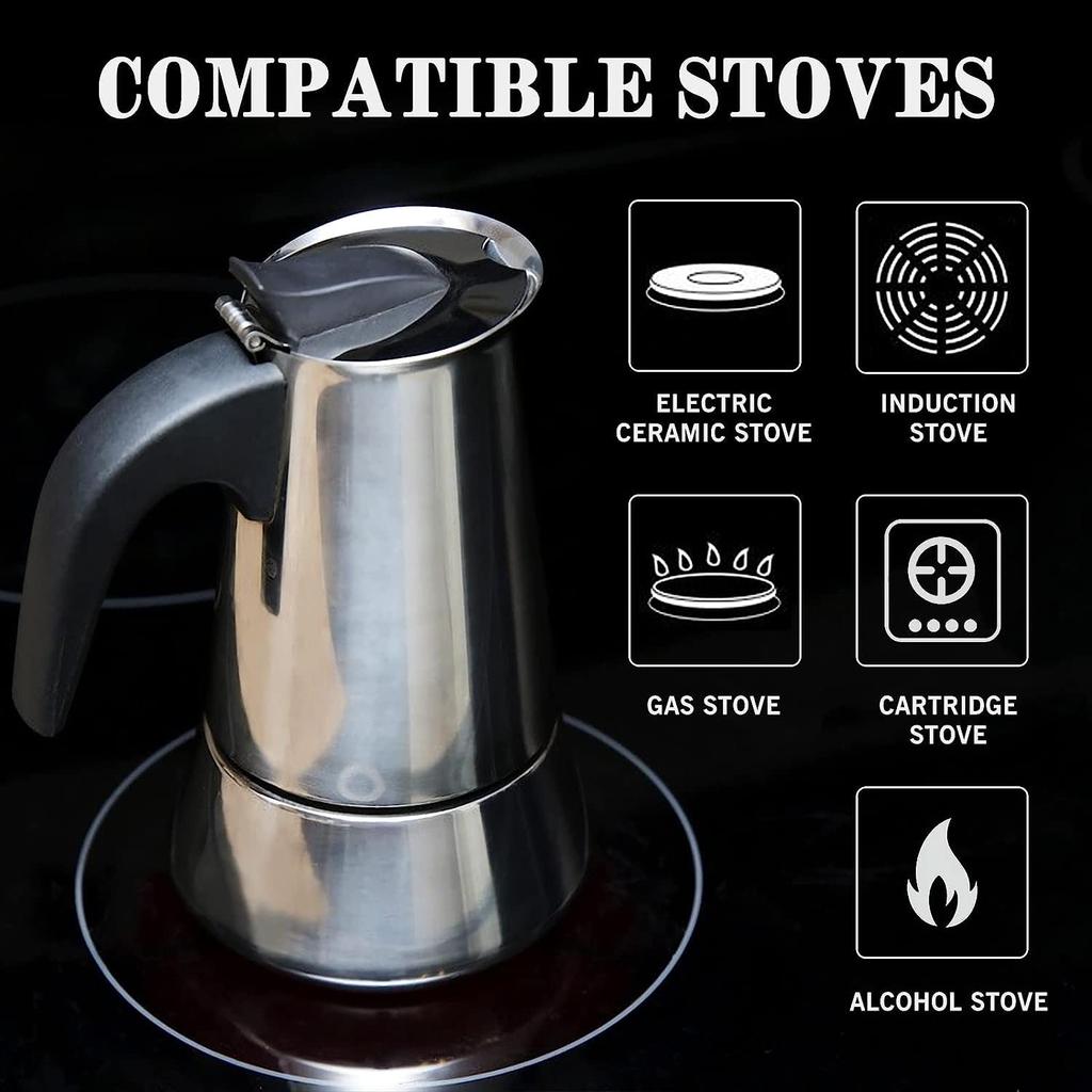 1-12Cups Stainless Steel Stovetop Moka Pot Portable Coffee Pot Fast Heating Extraction Italian Coffee Machine for Home Outdoor