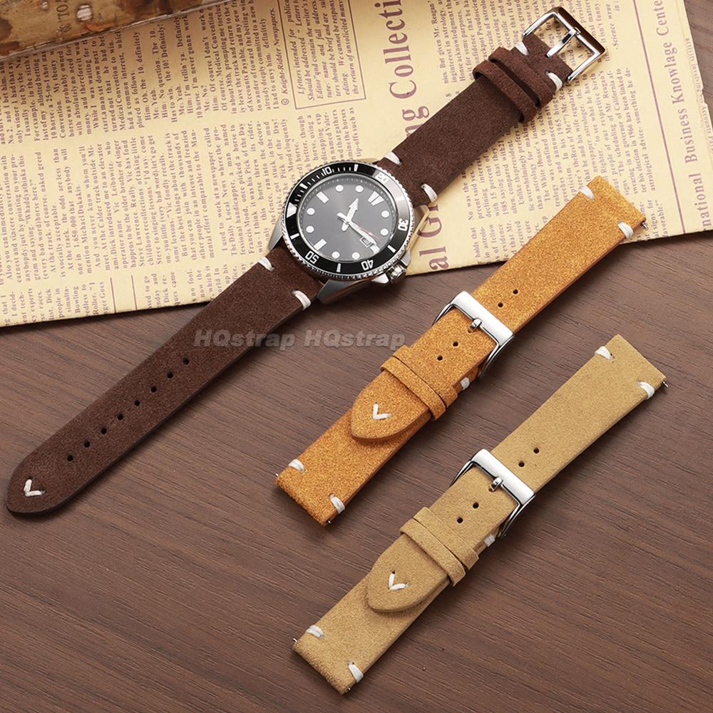 Skórzany Pasek do Zegarka 18mm 20mm 22mm Vintage Khaki Niebieski Pasek Ręcznie Szyty Opaska na Nadgarstek Z Szybkim Mocowaniem Uniwersalna Bransoleta