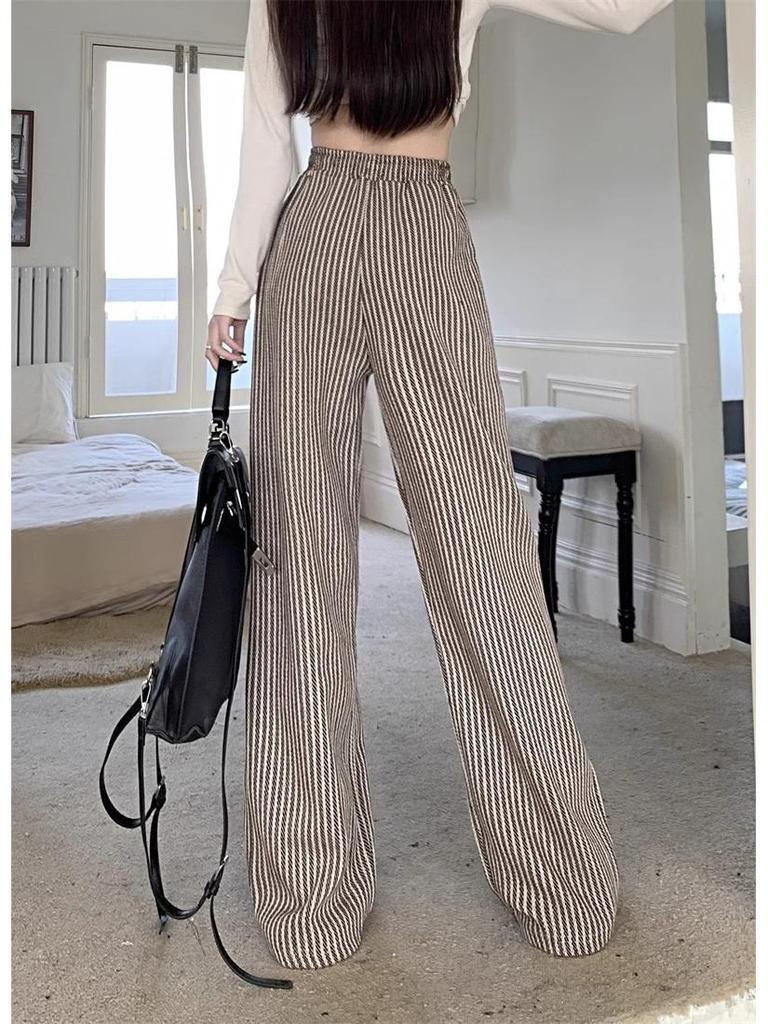 Korean Chic Knit Vertical Striped Wide-Leg Pants for Women - Petite, High Waist, Casual, Autumn/Winter