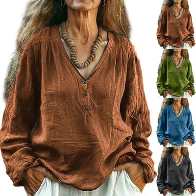 Women's Color Casual V-neck Long Sleeved Pullover Cotton And Linen Top