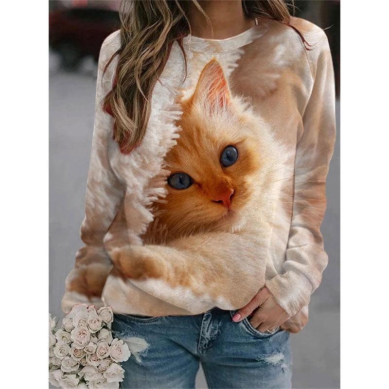 Höst 3D Katt Tryckta Sweatshirts Trendiga Casual Sport Långärmade Dam Sweatshirts