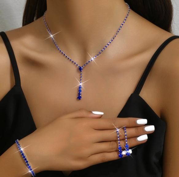 Set Earrings Necklace Bracelet Wedding Silver Blue Zircons B20