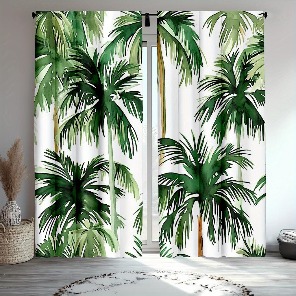 Set aus 2 Botanischen Palmenblatt-Vorhängen Tropischer Hawaiianischer Insel-Druck Schlafzimmer Wohnzimmer Aus Polyester Fensterdekoration