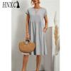 HNXC Women's Fashion Summer Spring Solid Color Print O-Neck High Waist Casual Dresses