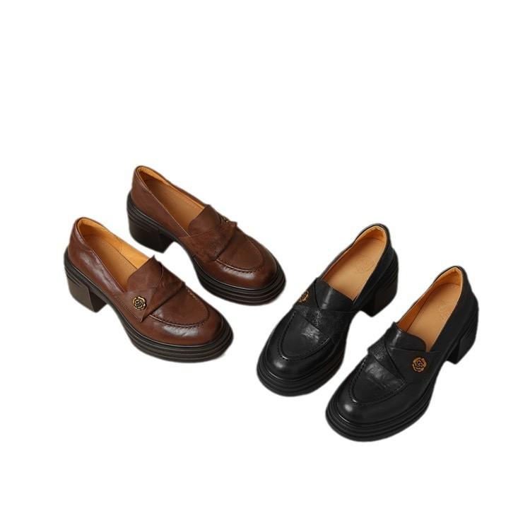 Soft leather version~ British style small leather shoes are versatile and beautiful, camellia thick heel small high heel single shoes, loafers