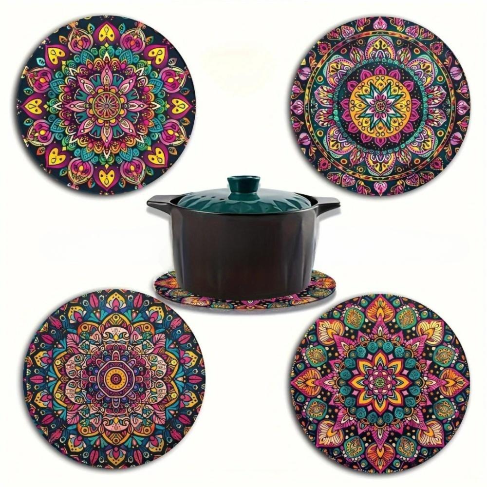 4pcs/set Gift Mandala Pattern Coasters Set Wooden Colorful Table Insulation Pad Insulation Function Home Decoration Home Decor
