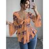 Fashion Square Collar Sweet Flower Printed Women Blouse Blending Tie Long Sleeved Shirt Ladies Loose Irregular Tops Elegant Slim Fit Casual Clothing