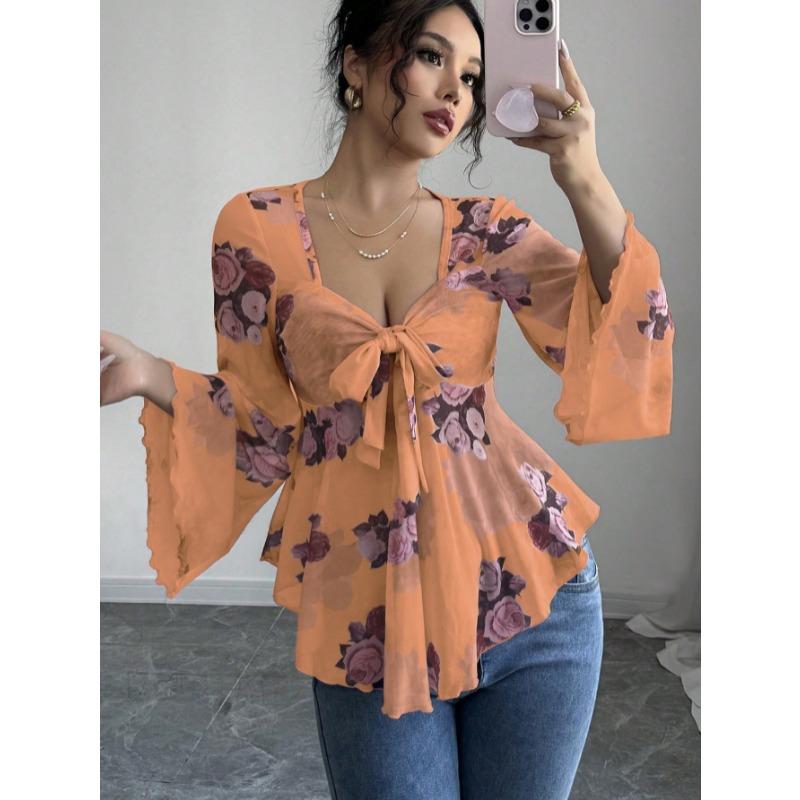 Fashion Square Collar Sweet Flower Printed Women Blouse Blending Tie Long Sleeved Shirt Ladies Loose Irregular Tops Elegant Slim Fit Casual Clothing