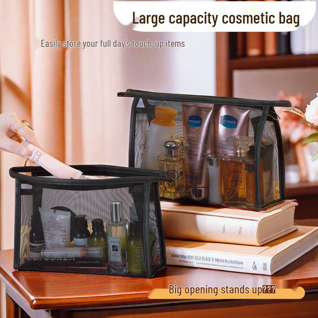 Portable Black Nylon Mesh Cosmetic & Toiletry Bag