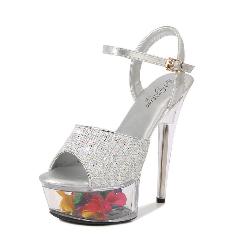 

Женские туфли на шпильке, пикантные подиумные модели со стразами, туфли с кристаллами, свадебные туфли, банкетная обувь, серия 190, каблук 15 см, платформа LFD 4,5 см 43 серебряный