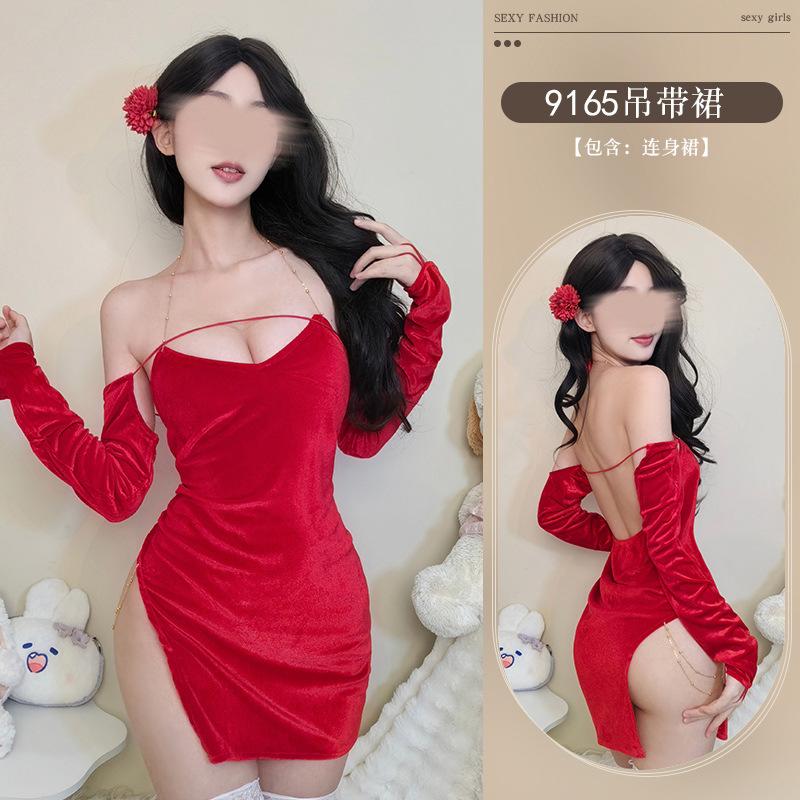 Sex Underwear Velvet Red New Suspender Skirt Chain Halter Side Split Hip Skirt Pure Desire High Sense