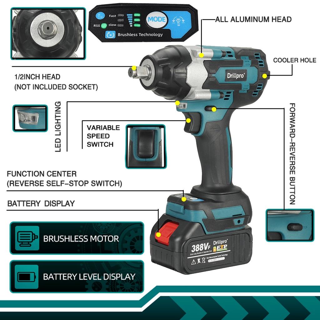 1/2 Square Cordless Wrench 800N.m Cordless Electric Impact Wrench 388VF Li-ion Battery Power Tool for Makita 18V Battery