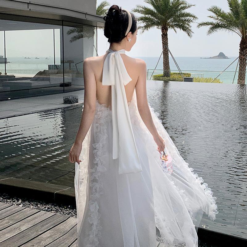 French Bridal Dressing Gown Neck Light Wedding Dress Wedding Nightdress Bridesmaid White Halter Dress