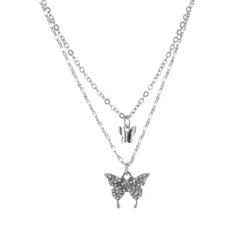 New Shiny Silver Butterfly Necklace Exquisite Double Layer Clavicle Chain Fashion Jewelry Gift for Women