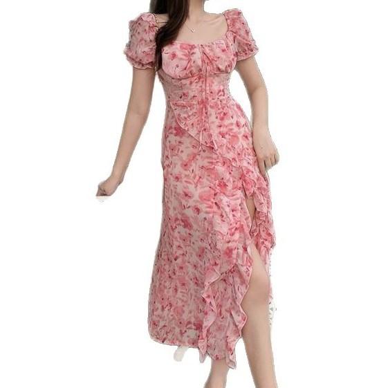 Gentle Wind Tea Break French Platycodon Lotus Leaf Edge Long Dress with Waist Split Square Neck Temperament Chiffon Floral Dress Summer