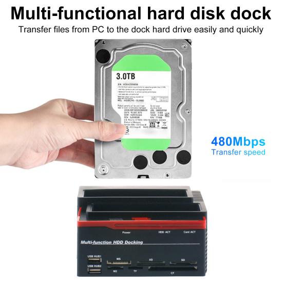USB2.0 to IDE/SATA Dual-disk Multi-function Hard Disk Dock 2xUSB2.0 Card Reader for WinXP/Vista/7/8/10 Linux MAC OS