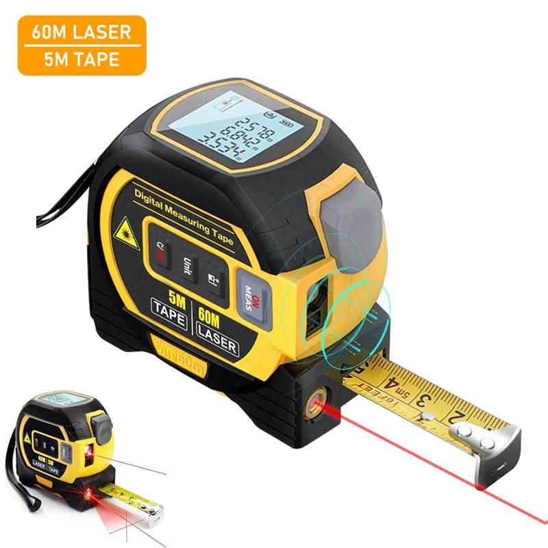 Laser Tape Measure Meter Building Measurement Device 3in1 Laser Rangefinder 5M Tape 60M Laser Measure with LCD Digital Display