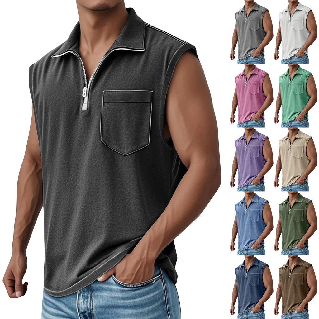 Men's Summer Solid Color Sports Zipper Lapel Vest Men's Sports Casual Vest