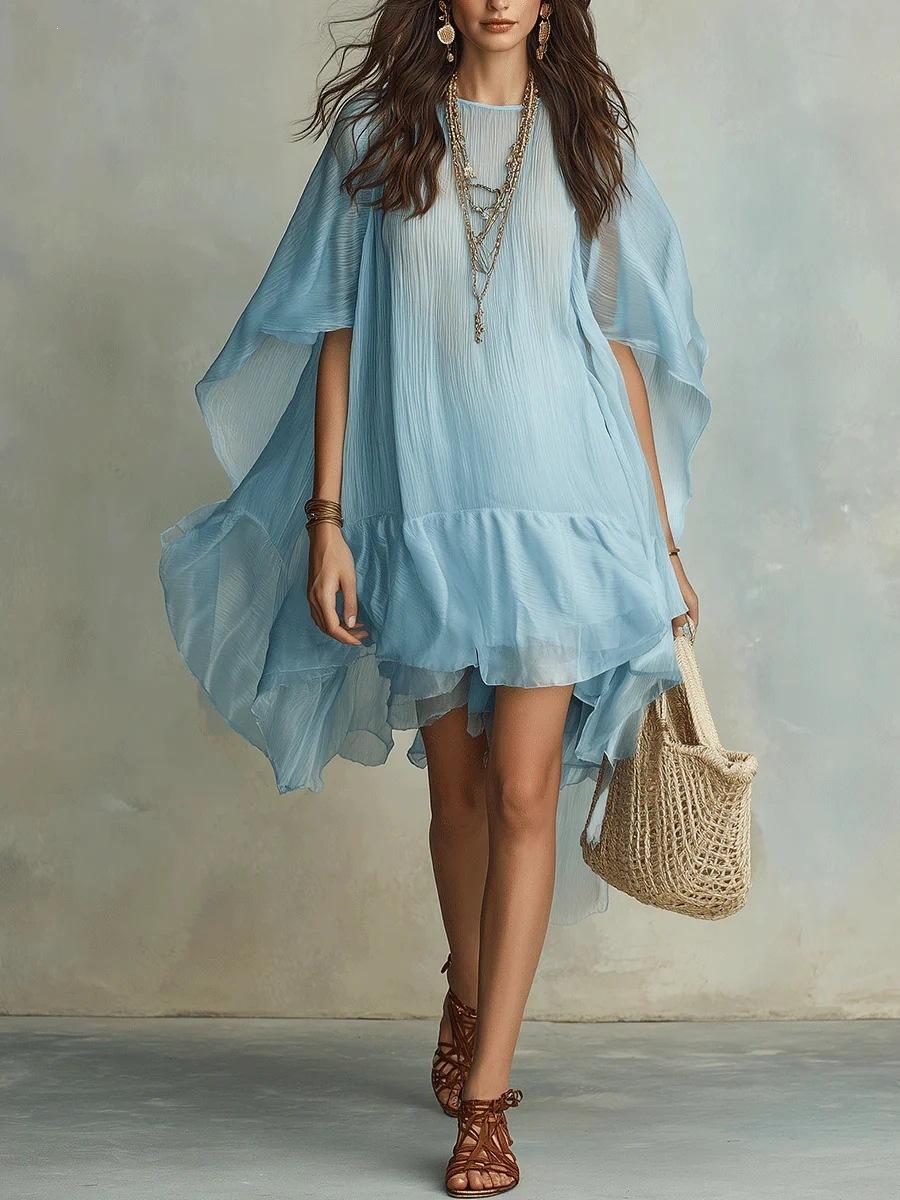 2026 European and American women s bohemian chiffon dress irregular ruffle edge elegant vacation dress S