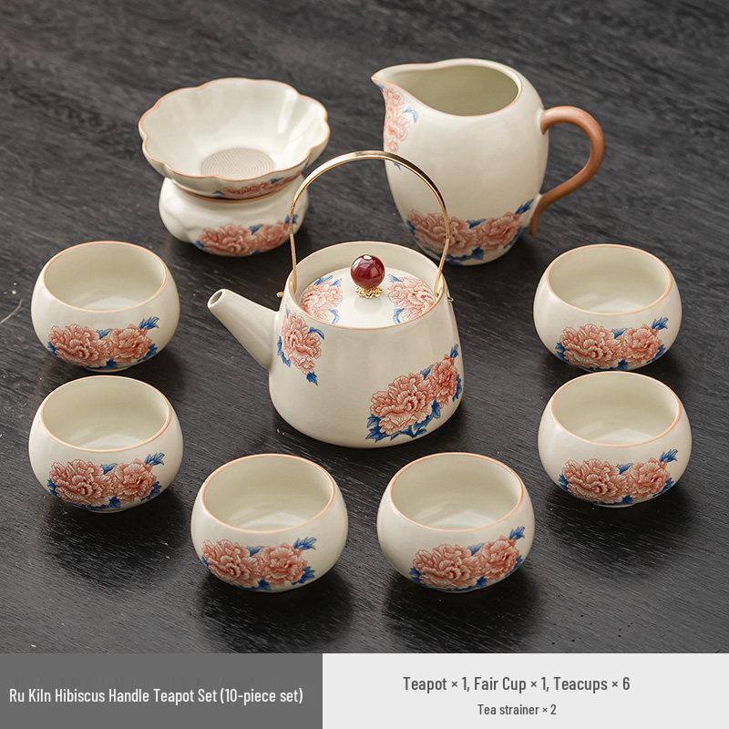 High-Quality Beige Ru Kiln Hibiscus Handle Teapot Set – Ceramic Teapot, Teacups, and Tea Platters for Home or Office 1