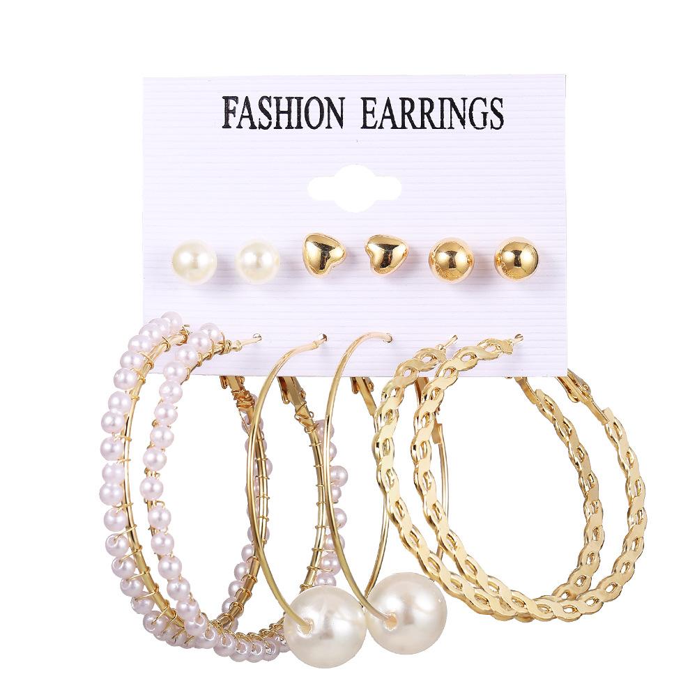 LATS Boho Big Circle Hoop Earring Set for Women Gold Color Bohemia Vintage Pearl Square Earring Heart Zircon Ear Studs Zircon