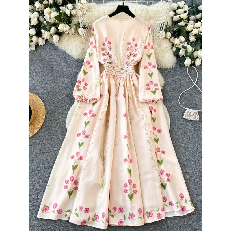 Long Sleeves Positioning Print Swing Slimming Retro Dress