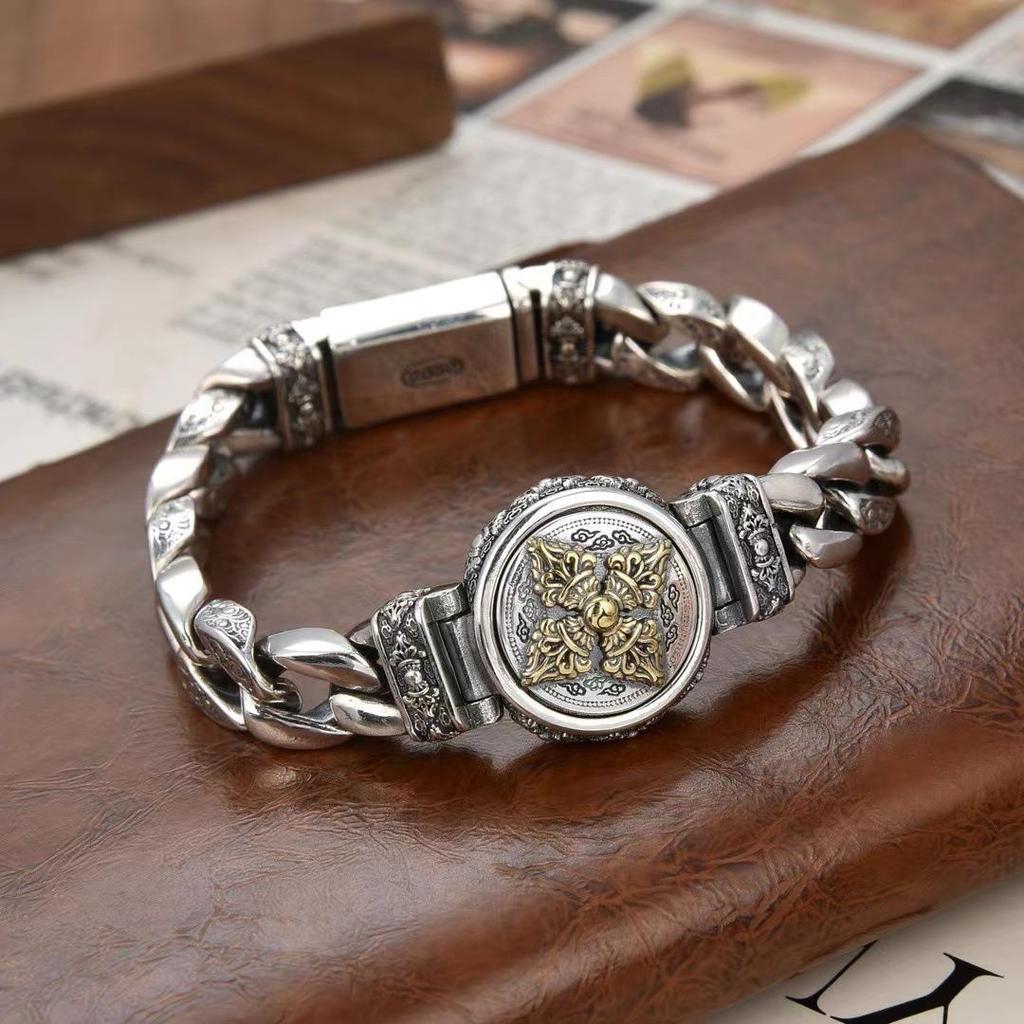 Vajra Silver-Plated Rotatable Bracelet: Ethnic Style with Retro Charm and Trendy Personality for Men